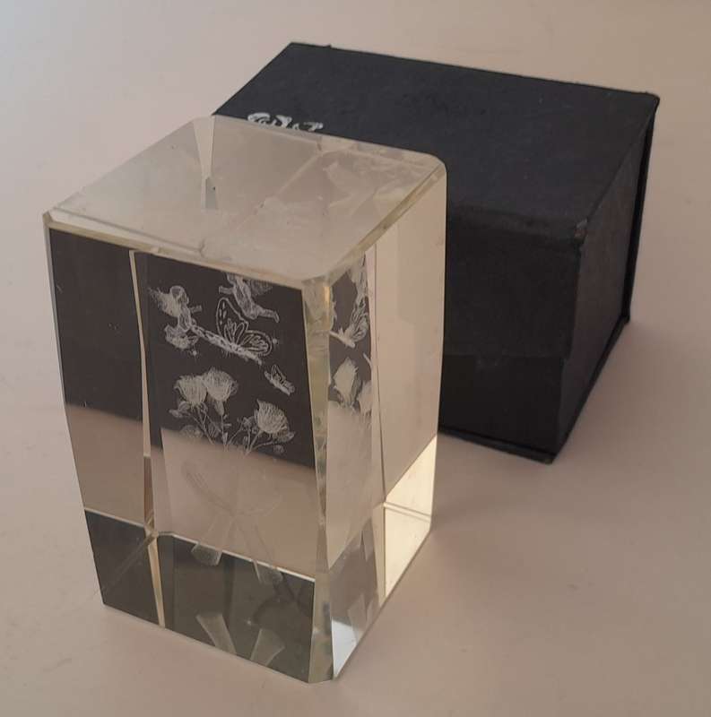 A Three-Dimensional Laser Etched Glass Crystal Paperweight In Original Case.