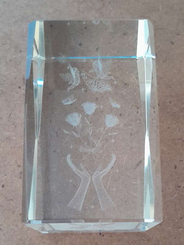 A Three-Dimensional Laser Etched Glass Crystal Paperweight In Original Case.