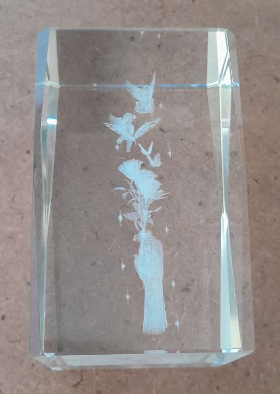 A Three-Dimensional Laser Etched Glass Crystal Paperweight In Original Case.