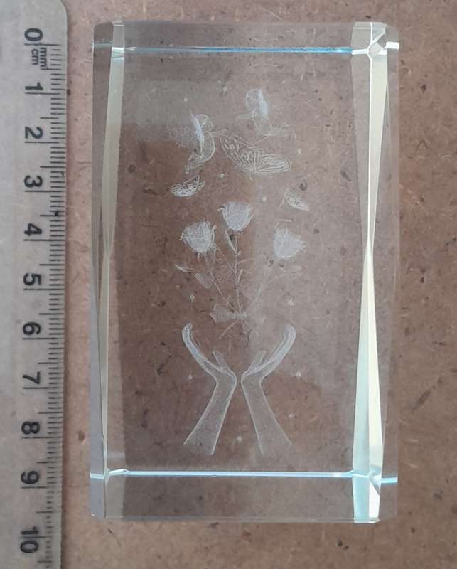 A Three-Dimensional Laser Etched Glass Crystal Paperweight In Original Case.