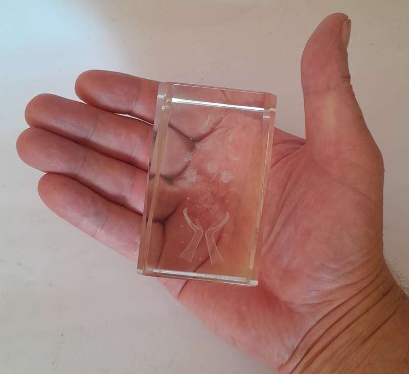 A Three-Dimensional Laser Etched Glass Crystal Paperweight In Original Case.