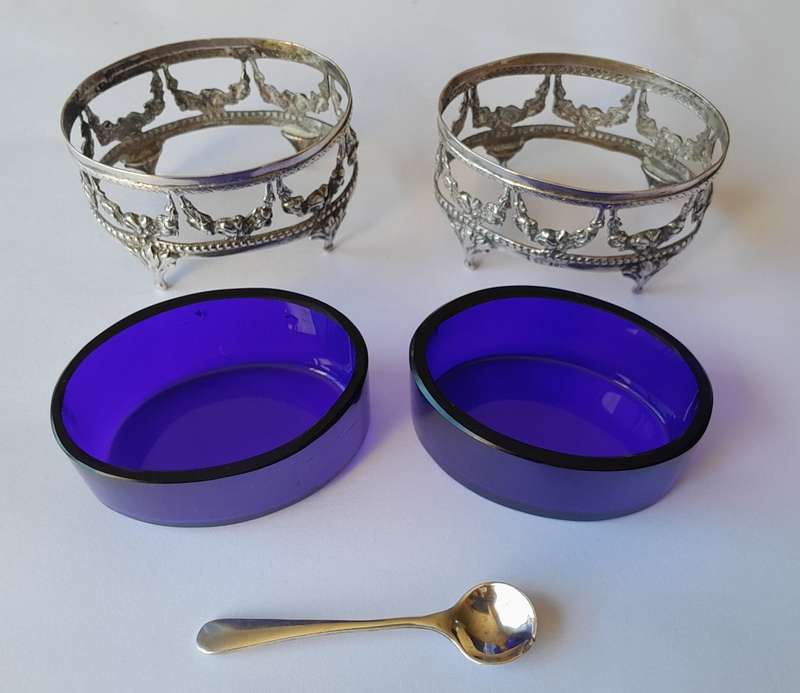 Antique German Continental Solid Silver Open Salts With Glass Liners And Silver Spoon.
