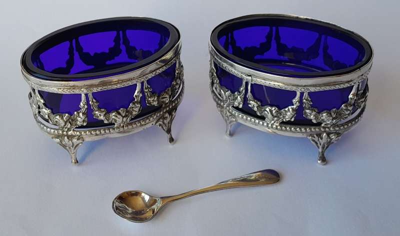 Antique German Continental Solid Silver Open Salts With Glass Liners And Silver Spoon.