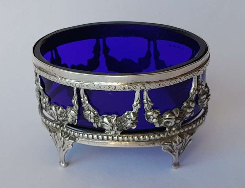 Antique German Continental Solid Silver Open Salts With Glass Liners And Silver Spoon.