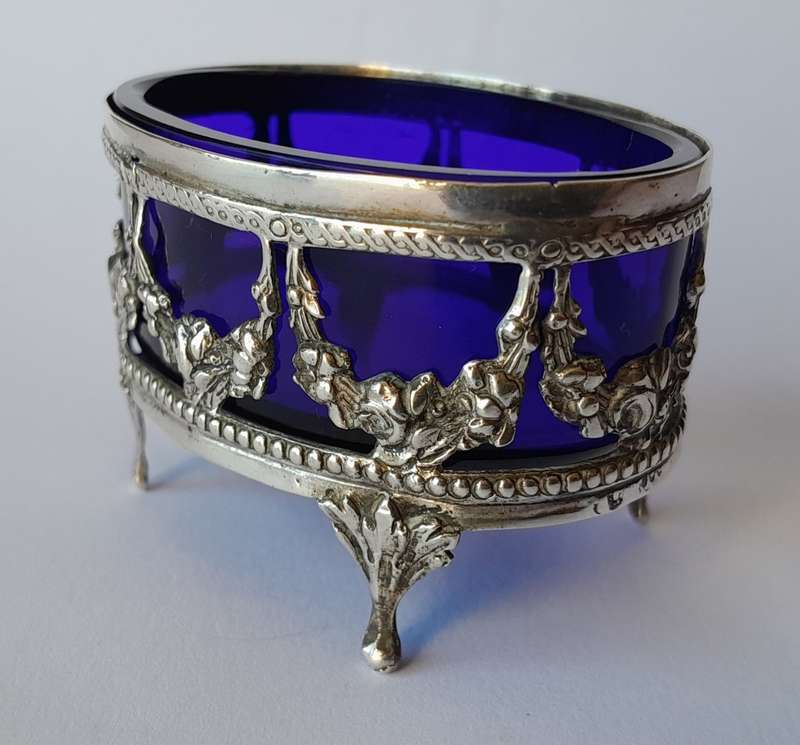 Antique German Continental Solid Silver Open Salts With Glass Liners And Silver Spoon.