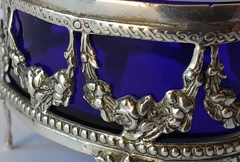 Antique German Continental Solid Silver Open Salts With Glass Liners And Silver Spoon.