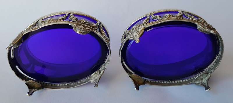 Antique German Continental Solid Silver Open Salts With Glass Liners And Silver Spoon.