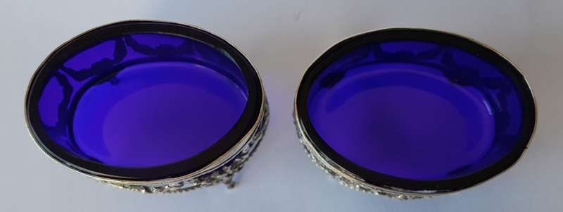 Antique German Continental Solid Silver Open Salts With Glass Liners And Silver Spoon.