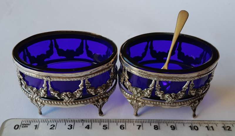 Antique German Continental Solid Silver Open Salts With Glass Liners And Silver Spoon.