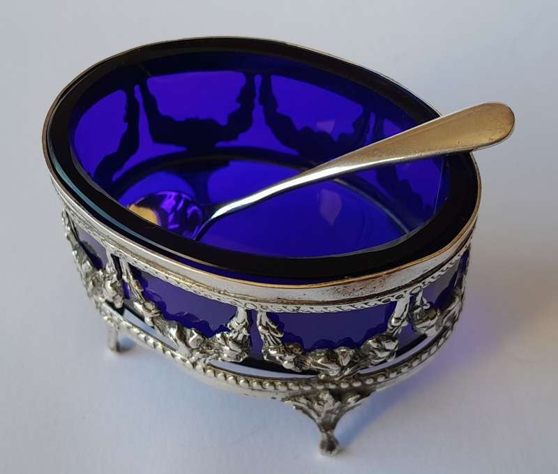 Antique German Continental Solid Silver Open Salts With Glass Liners And Silver Spoon.