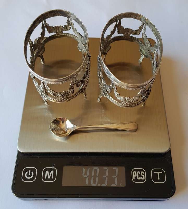 Antique German Continental Solid Silver Open Salts With Glass Liners And Silver Spoon.