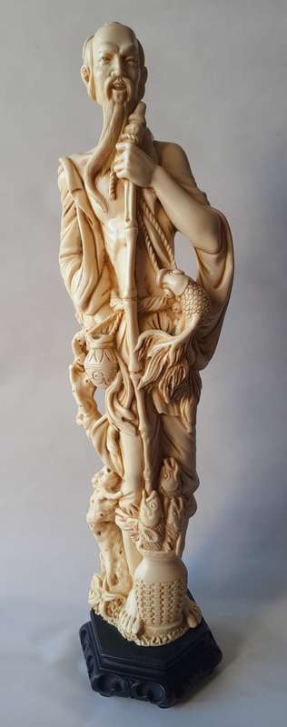 Large Vintage Oriental Alabaster Resin Statue Of A Fisherman. Signed. Superb Detail. 53.5 cm.