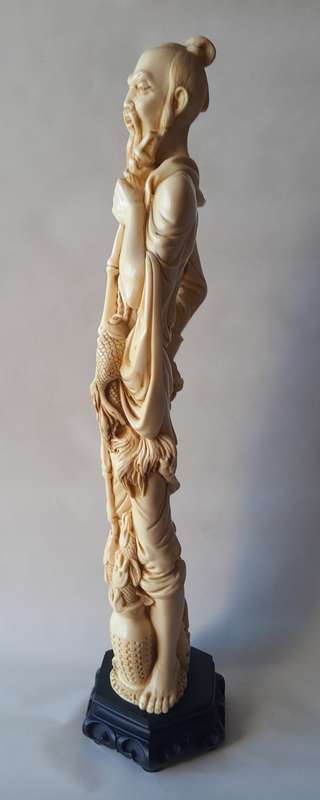 Large Vintage Oriental Alabaster Resin Statue Of A Fisherman. Signed. Superb Detail. 53.5 cm.
