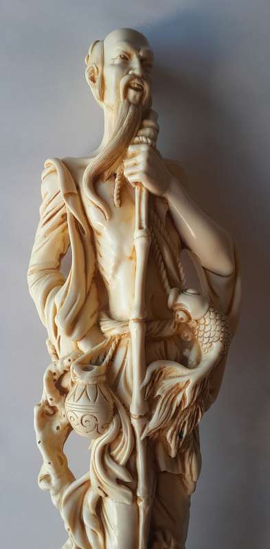 Large Vintage Oriental Alabaster Resin Statue Of A Fisherman. Signed. Superb Detail. 53.5 cm.