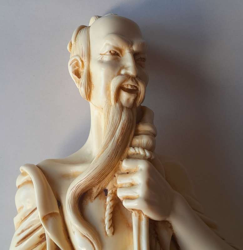 Large Vintage Oriental Alabaster Resin Statue Of A Fisherman. Signed. Superb Detail. 53.5 cm.