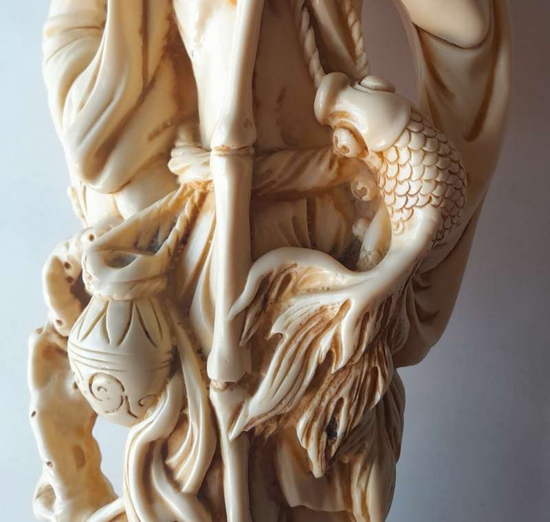 Large Vintage Oriental Alabaster Resin Statue Of A Fisherman. Signed. Superb Detail. 53.5 cm.
