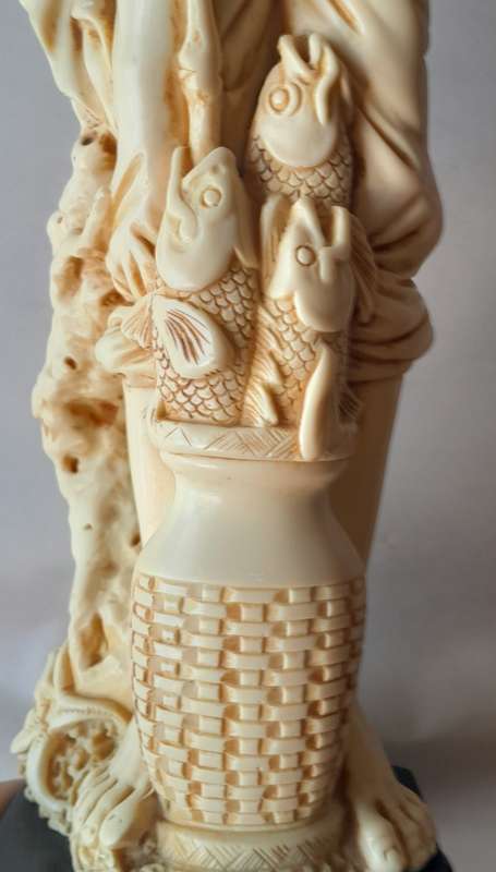 Large Vintage Oriental Alabaster Resin Statue Of A Fisherman. Signed. Superb Detail. 53.5 cm.