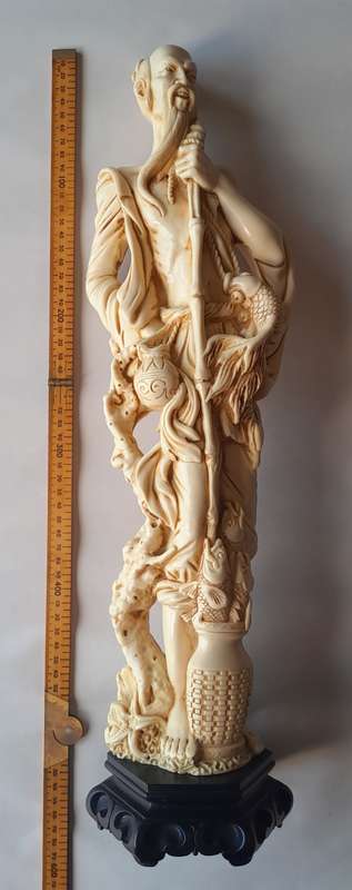 Large Vintage Oriental Alabaster Resin Statue Of A Fisherman. Signed. Superb Detail. 53.5 cm.