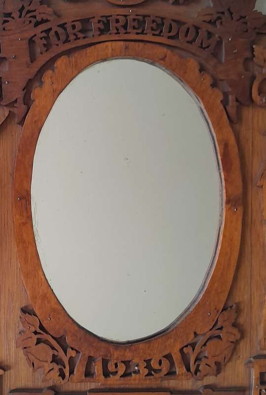 WW2 Hand Carved Oak And Walnut Hanging Mirror Wall Display. Dated 1939. 67 x 50 cm.