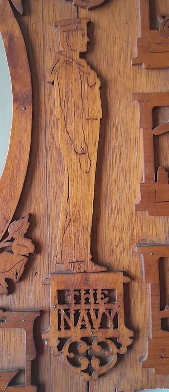 WW2 Hand Carved Oak And Walnut Hanging Mirror Wall Display. Dated 1939. 67 x 50 cm.