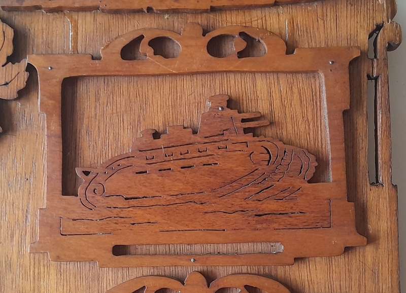 WW2 Hand Carved Oak And Walnut Hanging Mirror Wall Display. Dated 1939. 67 x 50 cm.