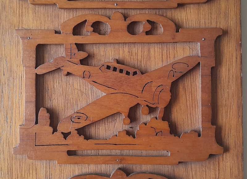 WW2 Hand Carved Oak And Walnut Hanging Mirror Wall Display. Dated 1939. 67 x 50 cm.
