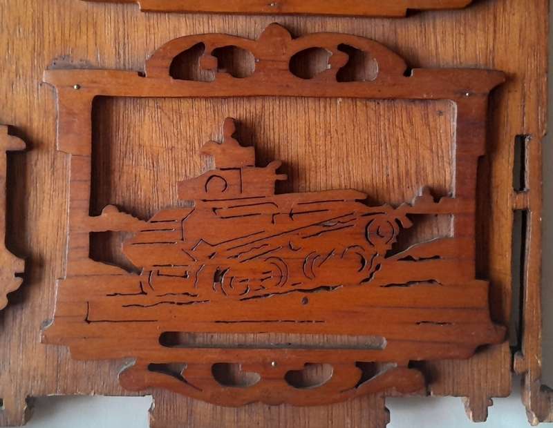 WW2 Hand Carved Oak And Walnut Hanging Mirror Wall Display. Dated 1939. 67 x 50 cm.