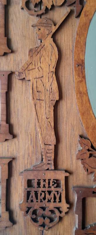 WW2 Hand Carved Oak And Walnut Hanging Mirror Wall Display. Dated 1939. 67 x 50 cm.