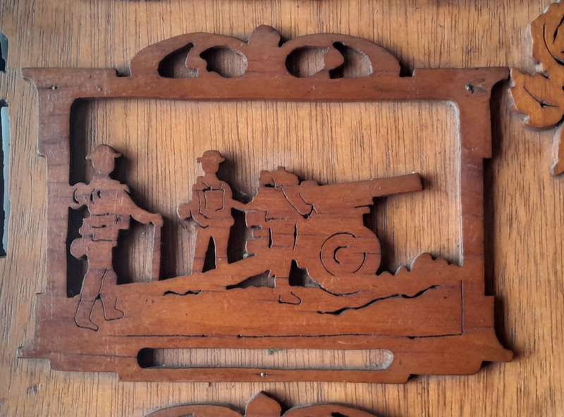 WW2 Hand Carved Oak And Walnut Hanging Mirror Wall Display. Dated 1939. 67 x 50 cm.