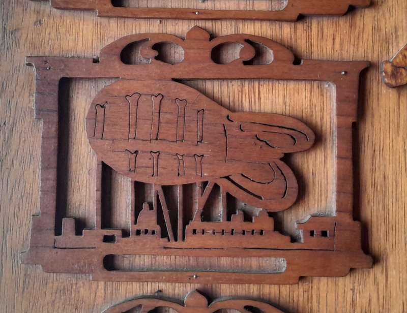 WW2 Hand Carved Oak And Walnut Hanging Mirror Wall Display. Dated 1939. 67 x 50 cm.