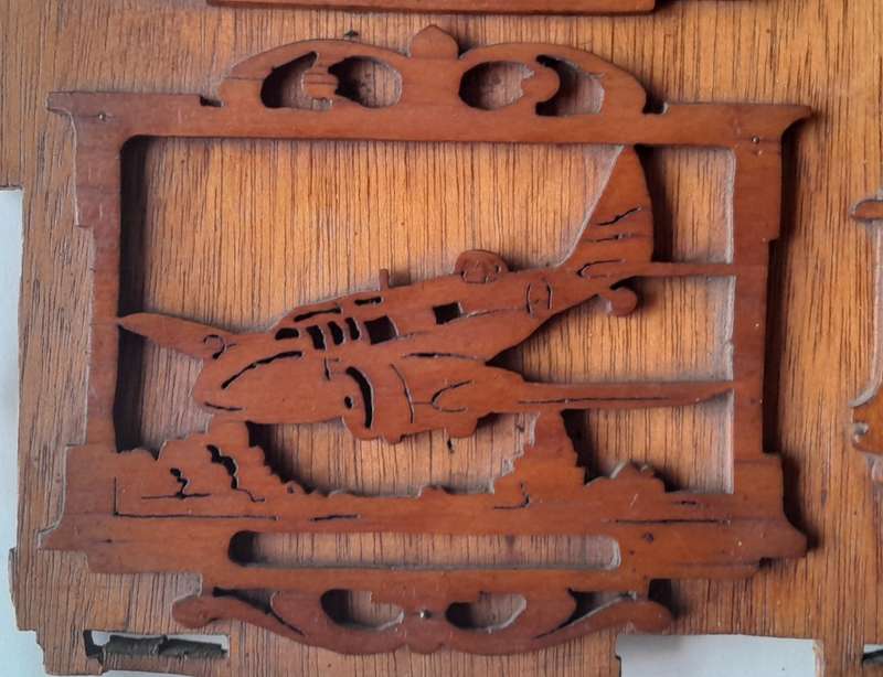 WW2 Hand Carved Oak And Walnut Hanging Mirror Wall Display. Dated 1939. 67 x 50 cm.
