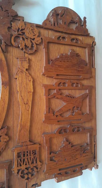 WW2 Hand Carved Oak And Walnut Hanging Mirror Wall Display. Dated 1939. 67 x 50 cm.
