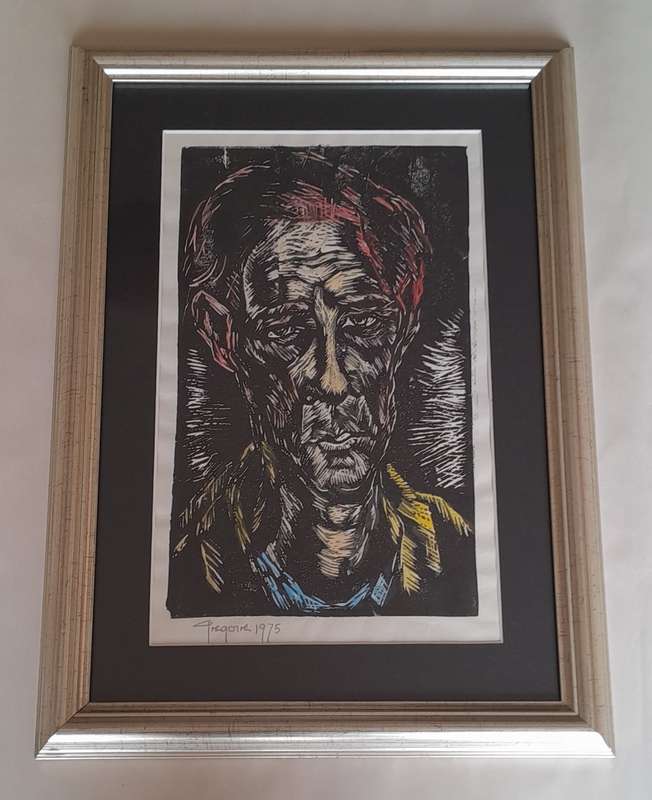 Gregoire Boonzaier Hand Coloured Linocut. Self Portrait. Signed And Dated. Framed Behind Glass.