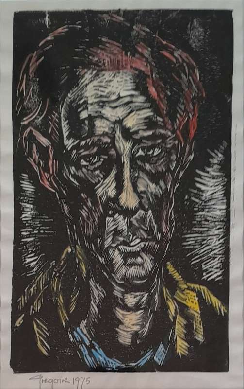 Gregoire Boonzaier Hand Coloured Linocut. Self Portrait. Signed And Dated. Framed Behind Glass.