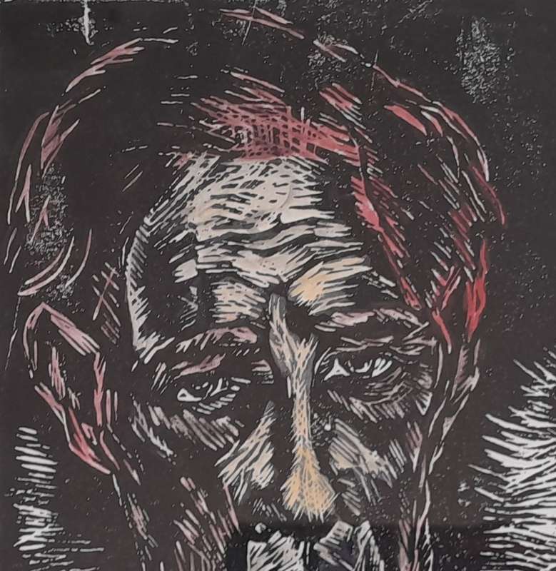 Gregoire Boonzaier Hand Coloured Linocut. Self Portrait. Signed And Dated. Framed Behind Glass.