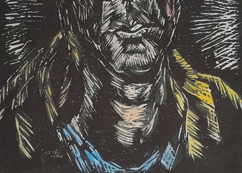 Gregoire Boonzaier Hand Coloured Linocut. Self Portrait. Signed And Dated. Framed Behind Glass.