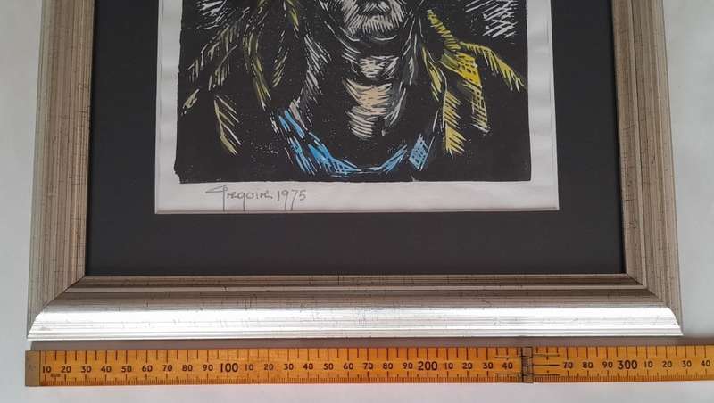 Gregoire Boonzaier Hand Coloured Linocut. Self Portrait. Signed And Dated. Framed Behind Glass.