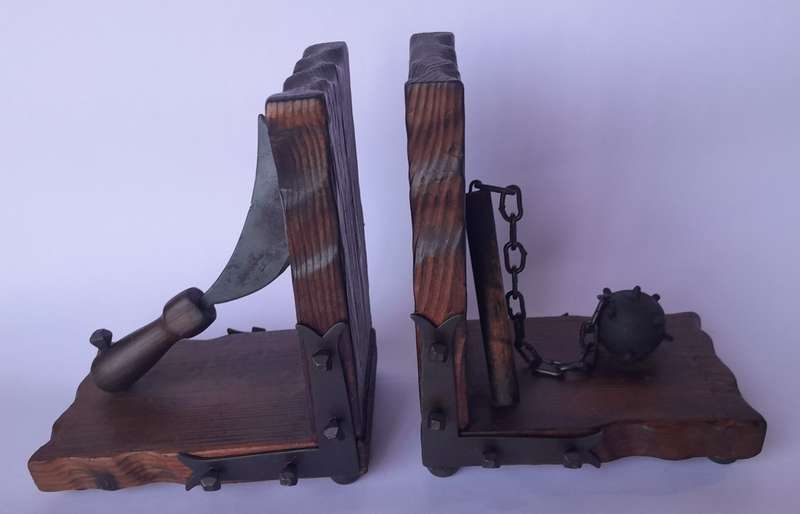 Vintage Medieval Weapons Wood And Metal Bookends..