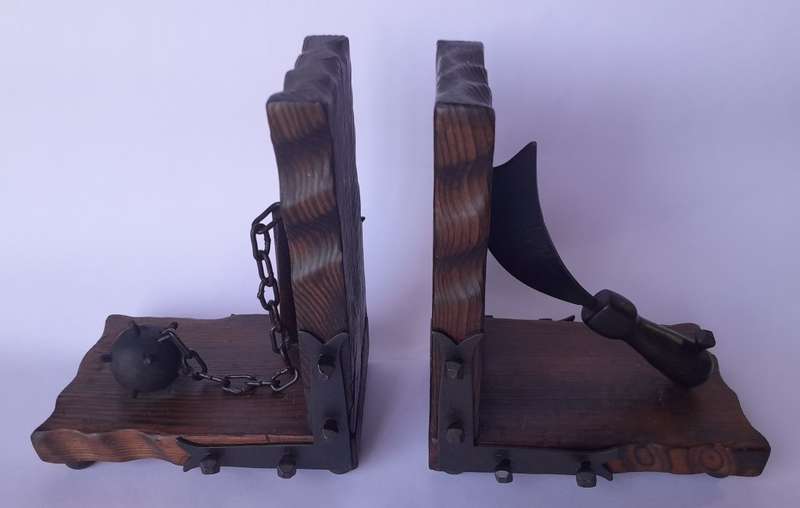 Vintage Medieval Weapons Wood And Metal Bookends..