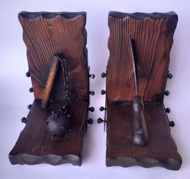 Vintage Medieval Weapons Wood And Metal Bookends..