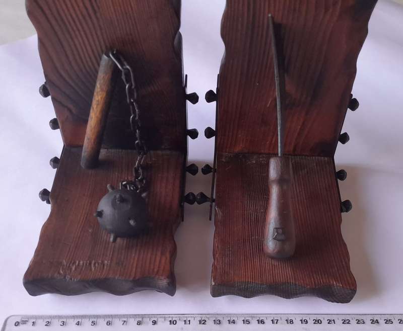 Vintage Medieval Weapons Wood And Metal Bookends..