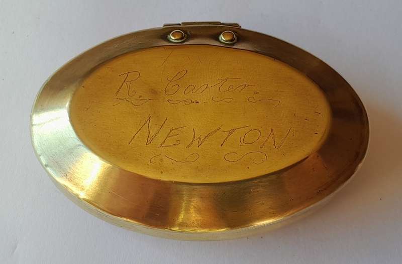 Rare Antique Solid Brass Welsh Miner`s Snuff Box. Inscribed `R. Carter Newton`. Circa 1900.