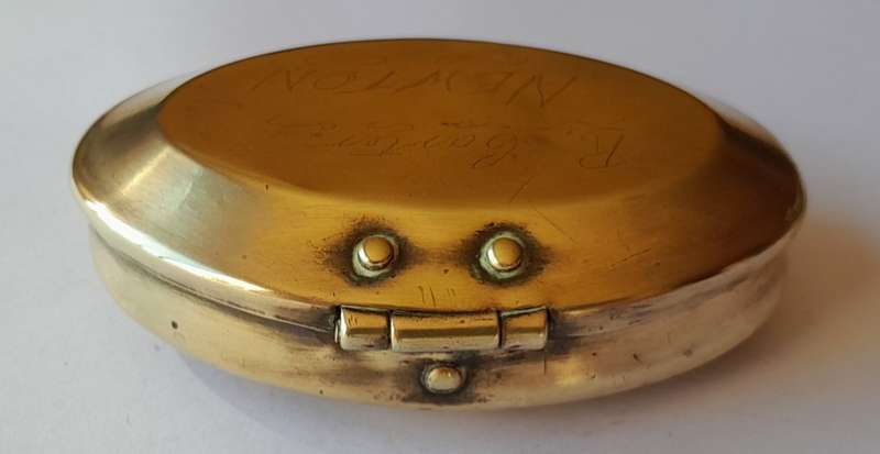 Rare Antique Solid Brass Welsh Miner`s Snuff Box. Inscribed `R. Carter Newton`. Circa 1900.