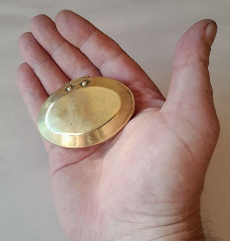 Rare Antique Solid Brass Welsh Miner`s Snuff Box. Inscribed `R. Carter Newton`. Circa 1900.