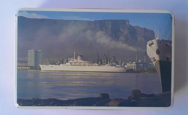 Vintage South African Tin By Edward Sharp. S.A. Vaal In Cape Town Harbour. 22.5 x 14.5cm.