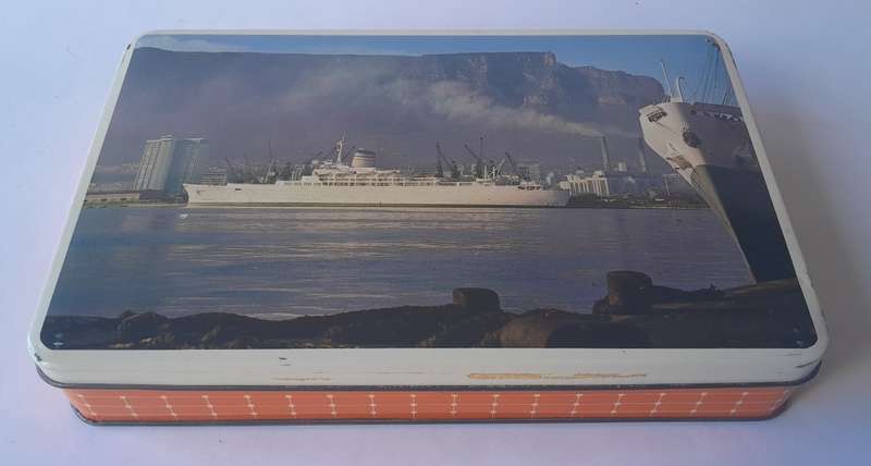 Vintage South African Tin By Edward Sharp. S.A. Vaal In Cape Town Harbour. 22.5 x 14.5cm.