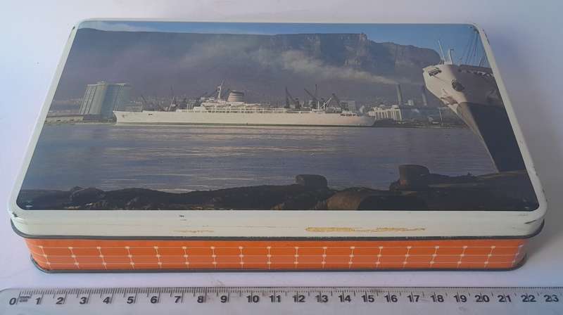 Vintage South African Tin By Edward Sharp. S.A. Vaal In Cape Town Harbour. 22.5 x 14.5cm.