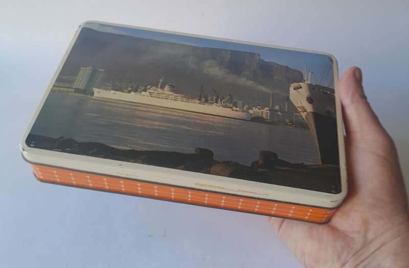 Vintage South African Tin By Edward Sharp. S.A. Vaal In Cape Town Harbour. 22.5 x 14.5cm.