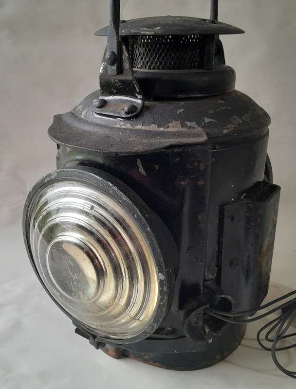 Large (47cm) Vintage Dual Lens (Red and Clear) Railway Lantern. Electrified (Working).