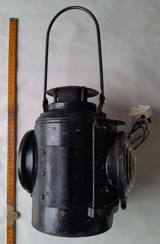 Large (47cm) Vintage Dual Lens (Red and Clear) Railway Lantern. Electrified (Working).